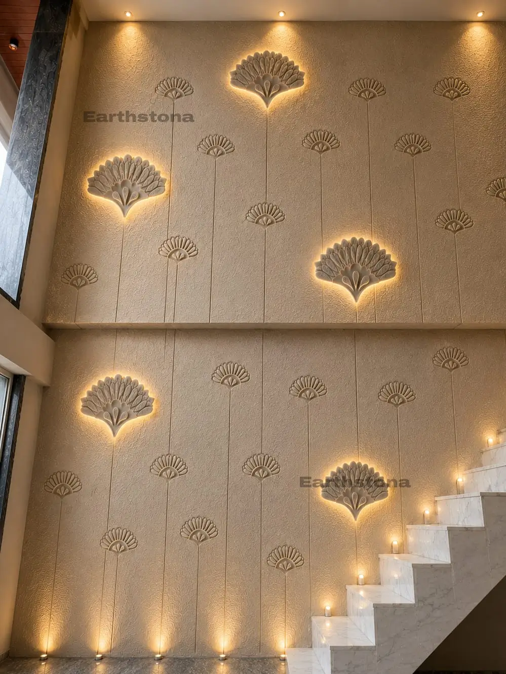 Aura Fan Floral High Relief Natural Stone Wall Carving by EarthStona on double height living room wall